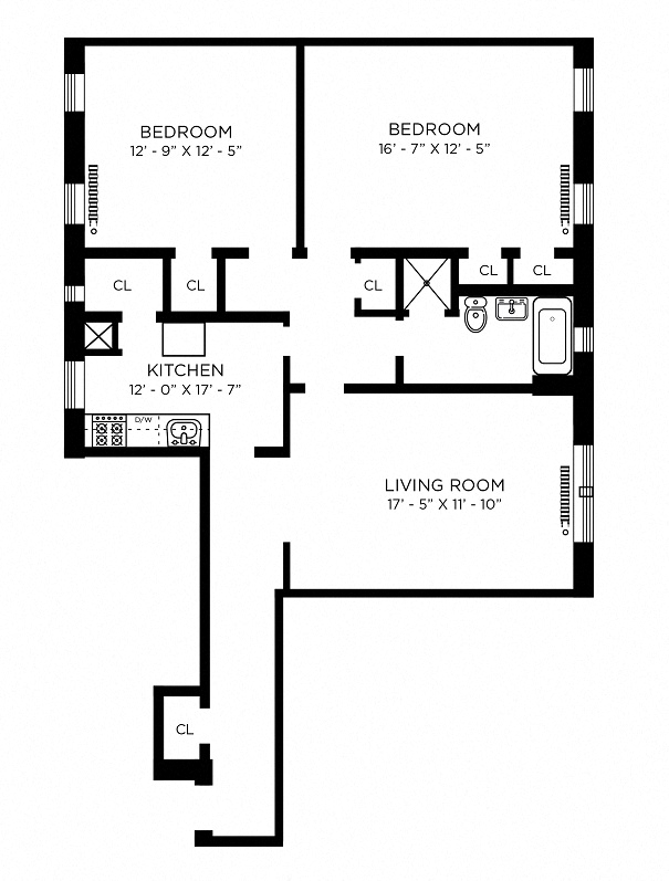 Floor plan for 2 beds, 1 bath, 1037 sqft